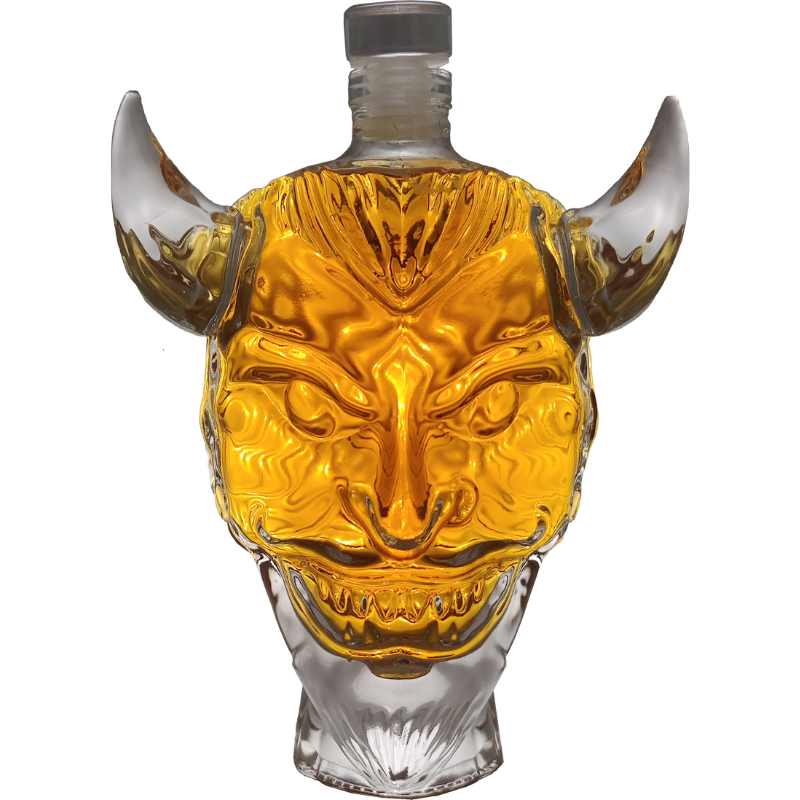 Devil’s Blood Whiskey horned devil-head glass bottle, front view